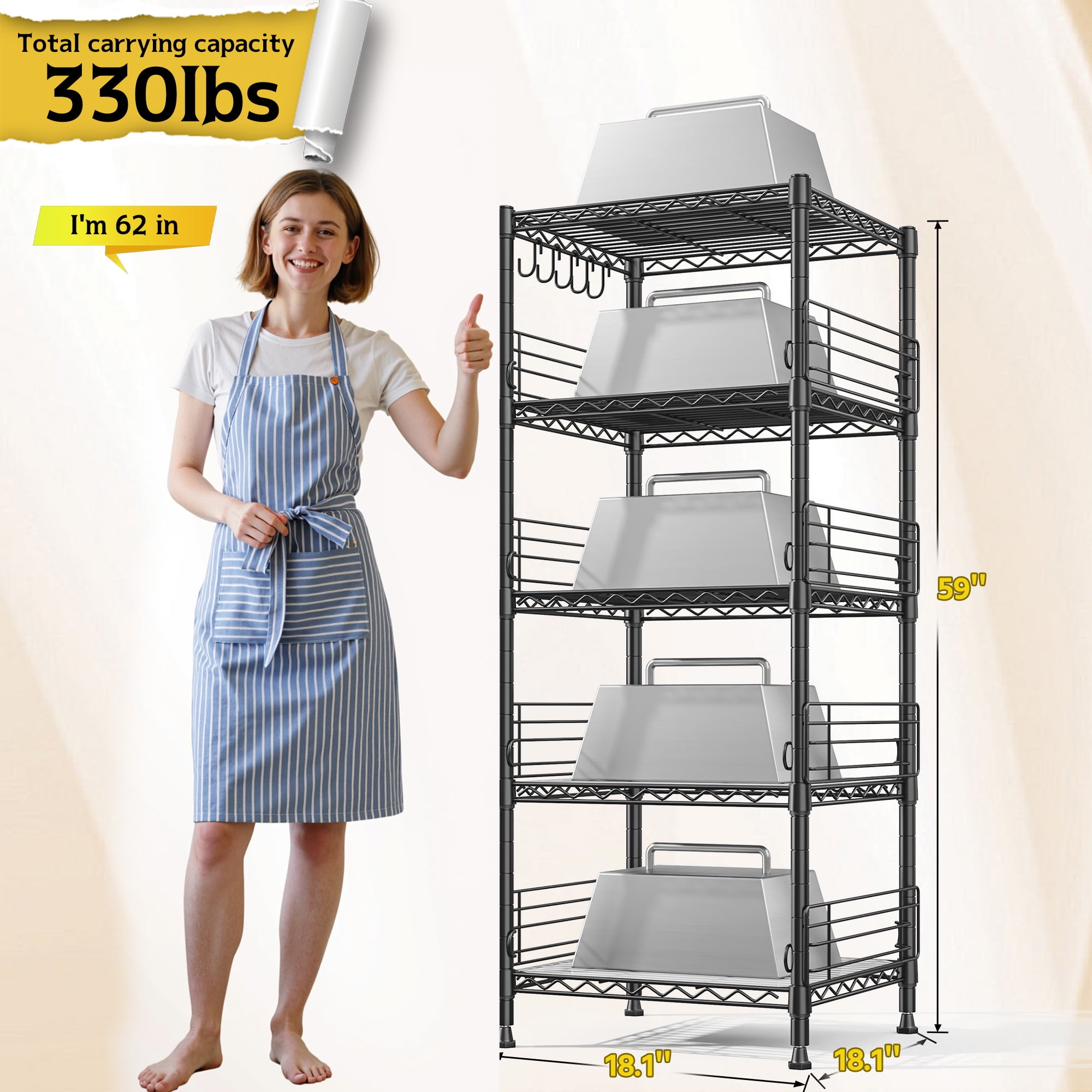 REIBII 5-Tier Wire Shelving Unit Shelves with 4.7"Side Guards,18.1"Wx18.1"Dx59"H, Heavy Duty Metal Storage Rack with Shelf Liners & Hooks for Kitchen,Pantry,Small Spaces,Black
