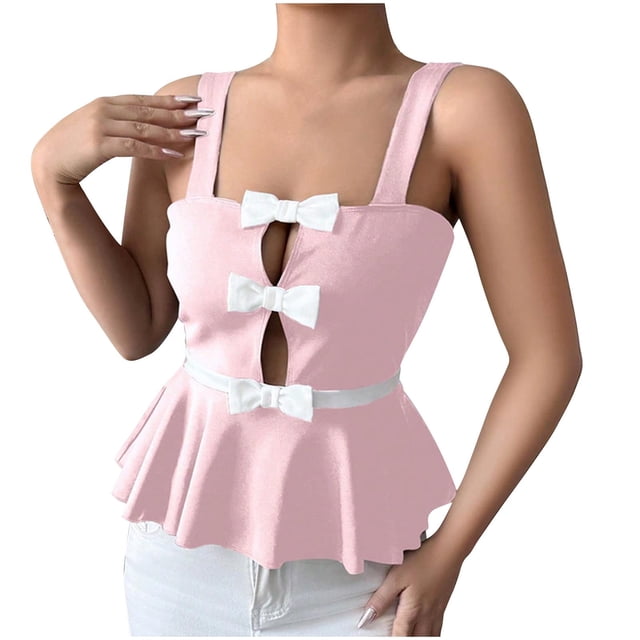 Wo-Fusoul Débardeur Sans Manches pour Femmes avec Nœud Contrasté, Débardeur à Col Rond pour Femmes, Blouse Confortable et Extensible pour Usage Quotidien et Maison