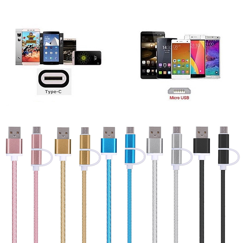 Data Cable Aisumi 2In1 USB 2.0 Male To USB 3.1 C Micro USB Weave Data Fast Charging Cable Pink 