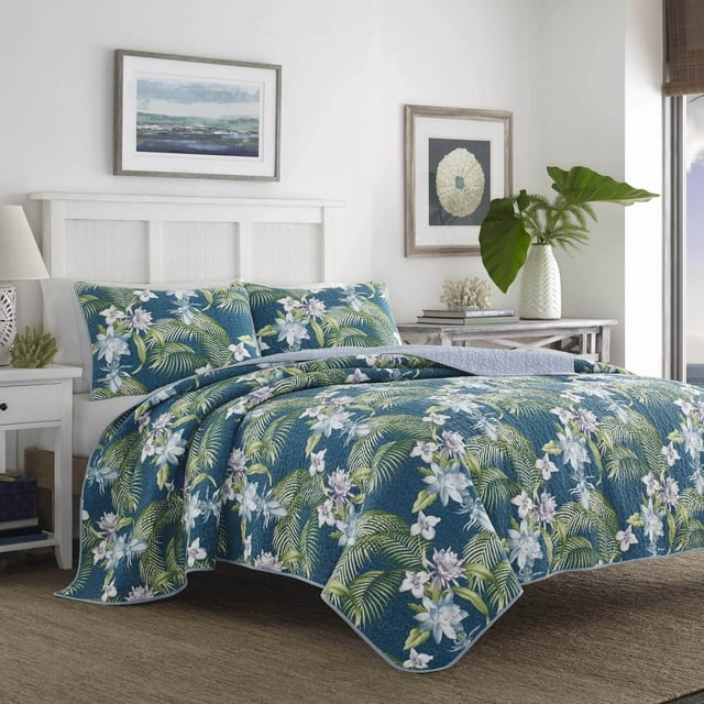 Tommy Bahama Collection Brise du Sud Set de Couette 100% Coton, Réversible, Léger et Respirant, Prélavé pour Plus de Douceur, Twin, Bleu Foncé