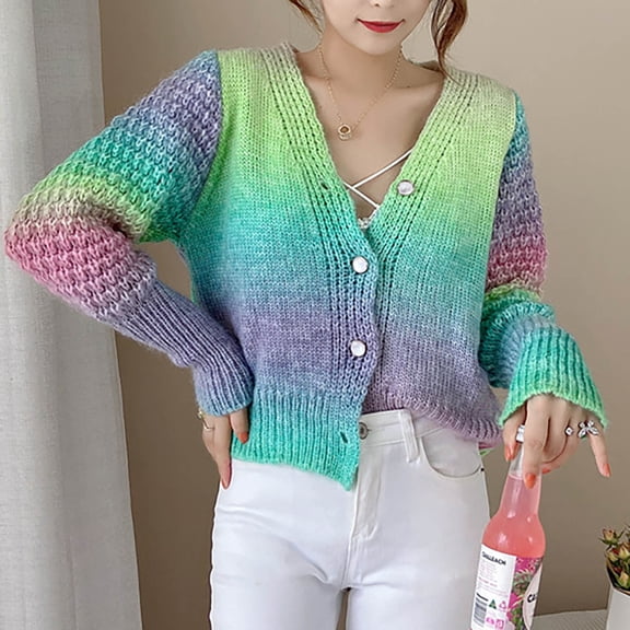 IROINNID Women's Leisure Short V-Neck Tie-Dye Cardigan Long Sleeve Outwear, Green