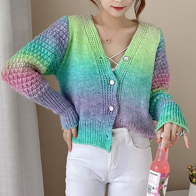 IROINID Cardigan Court à Manches Longues pour Femmes, Col en V, Teinture sur Nœuds, Vert