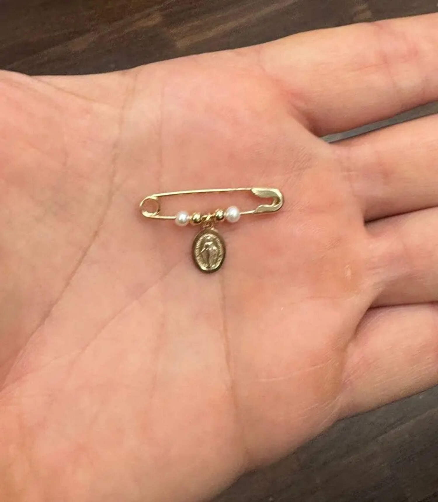 18k Solid Yellow Gold Miraculous Medal and Pearls Safety Pin