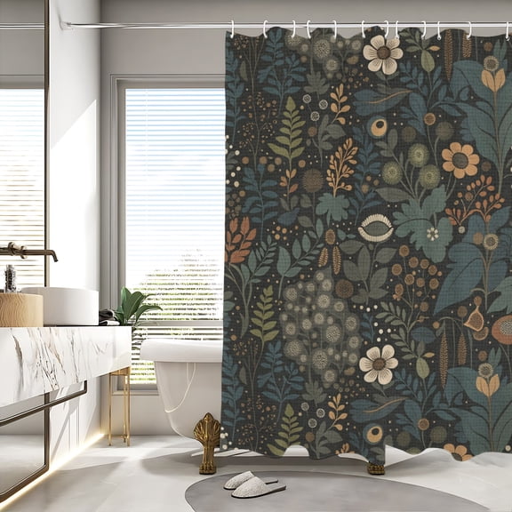 Shower Curtain 72x72 Inch, Dark Floral Botanical Bathroom Curtain, Waterproof Fabric with Hooks, Vintage Moody Bathroom Decor