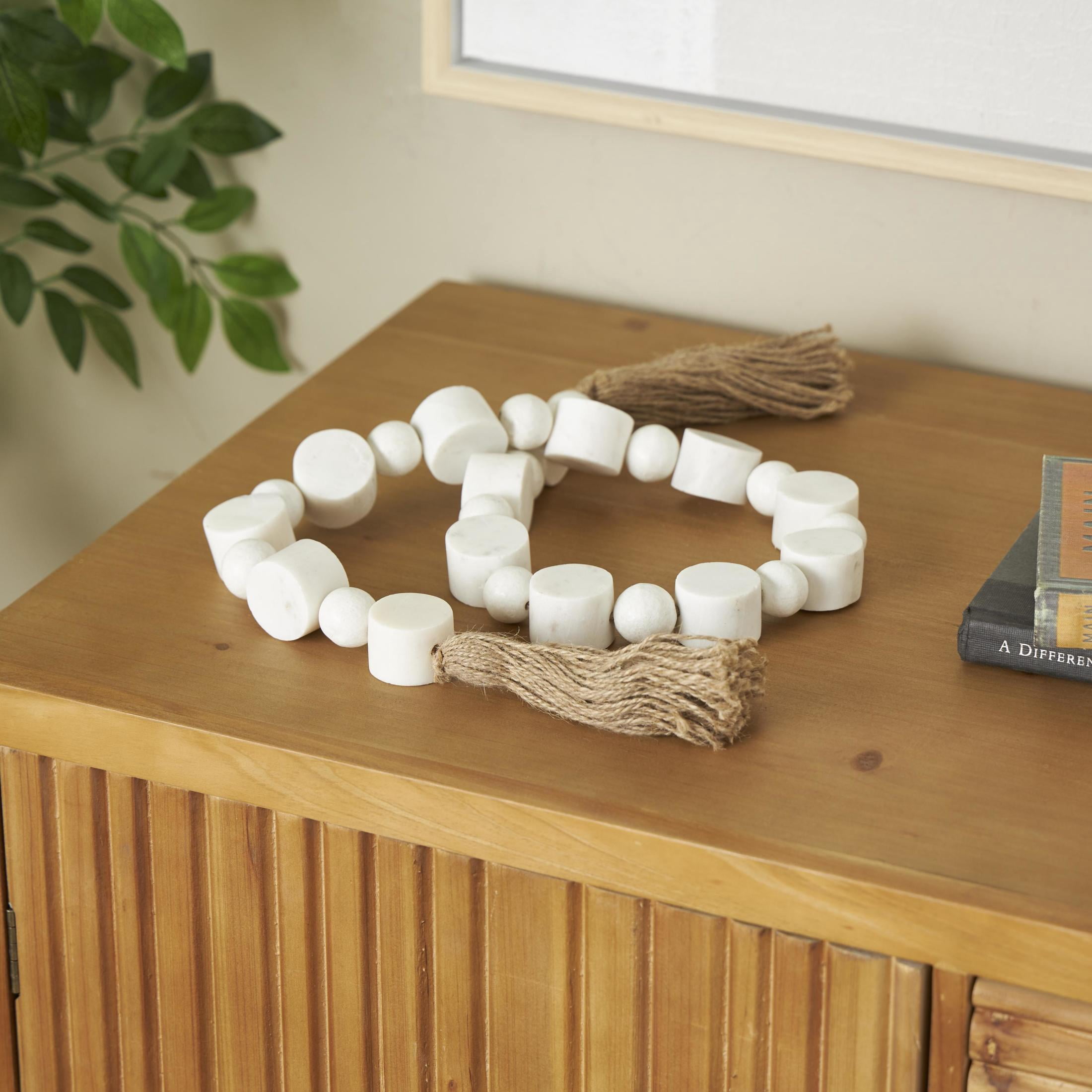 DecMode Handmade Round Extra Long Orb White Marble Garland with Tassel with Knotted Brown Jute