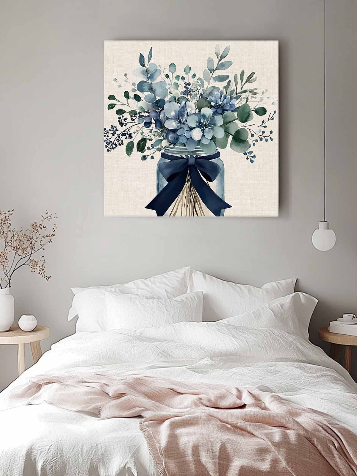 Blue Floral Canvas Wall Art, Pastoral Eucalyptus Leaf Bow Vase Framed Wall Decor Modern Artwork Prints Painting for Living Room, Bedroom, Kitchen & Cafe Decor 12x12 Inch