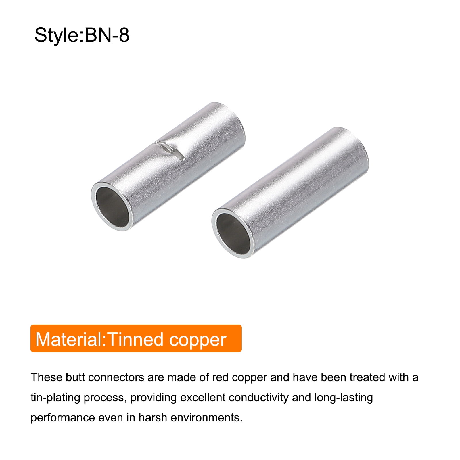 100Pcs Non Insulated Butt Connectors 8AWG Wire Connector BN-8 for Electrical Wire Crimp Ferrule
