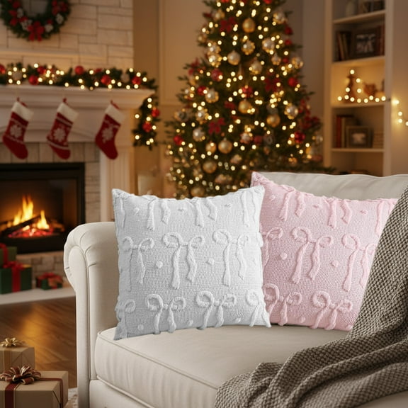 Christmas Pillow Covers 17.72x17.72in Bow Throw Pillow Covers Faux Fur Soft Bowknot Pillow Cases Couch Cushion Case For Chair Sofa Living Room Christmas Decor