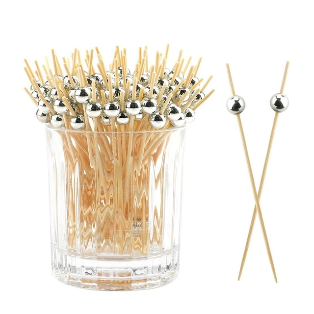 Palillos HQIOA de bambú para cocteles, 400 unidades, 12 cm, parte superior plateada