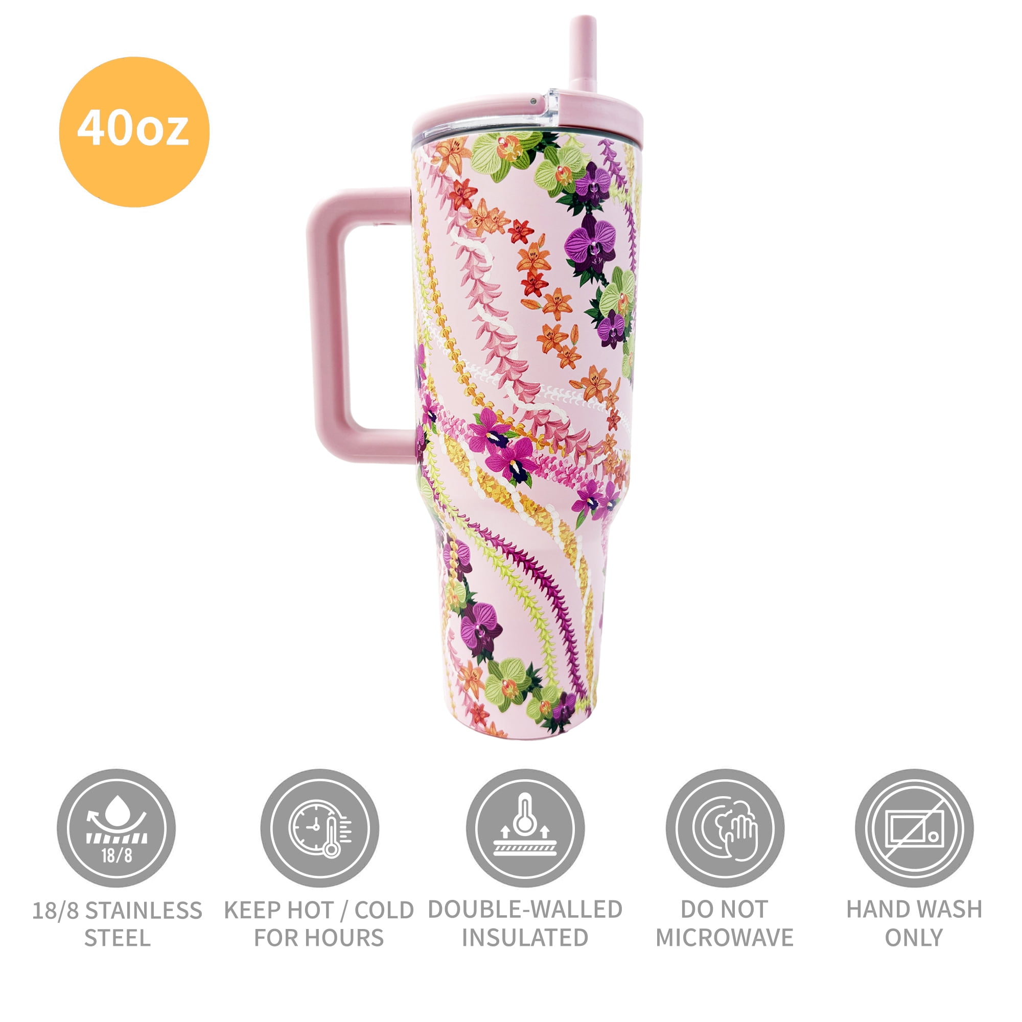 Island Crew 40 oz Light Pink Floral Lei Stainless Steel Tumbler with Handle