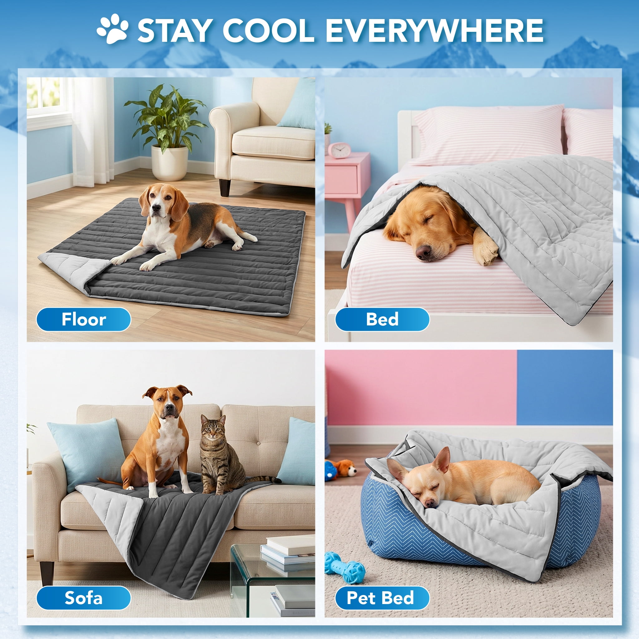 PetAmi Dog Cooling Mat, Q-Max Pet Cooling Blanket with Thick Cushioning, Self Cooling Pad for Dogs & Cats,  Reversible Summer Mat for Crate, Couch, Kennel, Gray/Light Grey, Large (40x60)