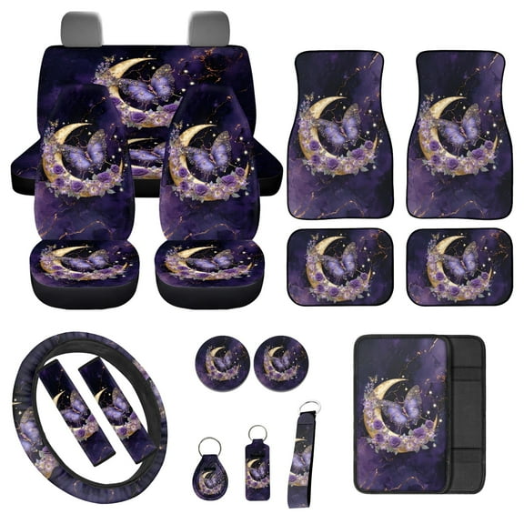Jeiento Butterfly Car Seat Cover Full Set Car Floor Mats Steering Wheel Cover Seatbelt Cover Moon Armrest Cover Purple Universal Auto Interior Accessories Set for Women Men