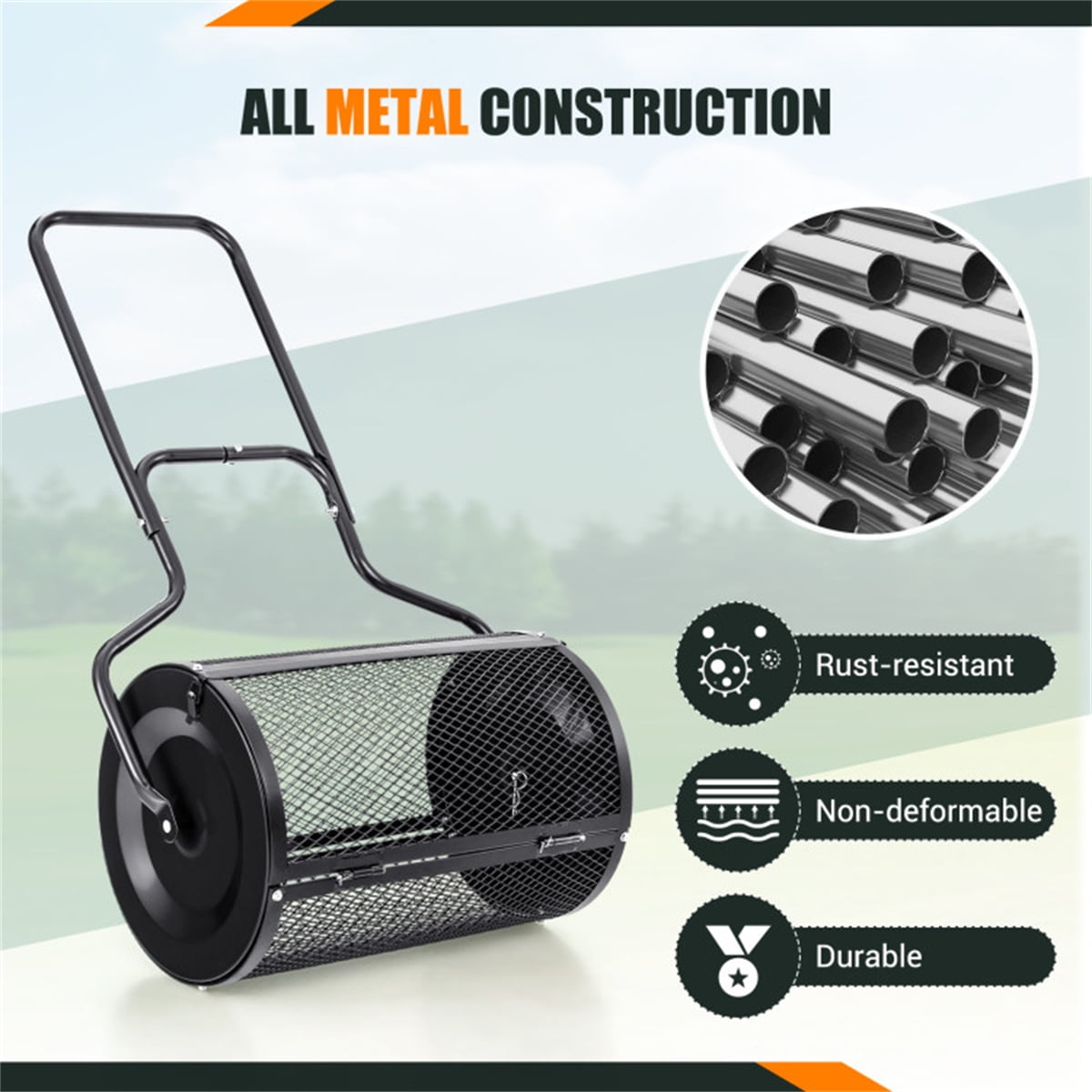 Metal Mesh Compost Spreader - 2.7 Cu. ft Large Capacity, 48.5" U-Shaped Ergonomic Handle & Even Spreading Design