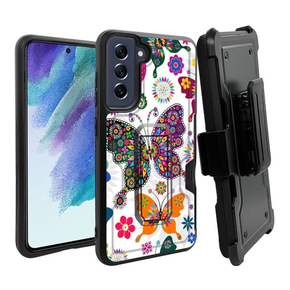 ANJ  Rugged Dual Layer Shockproof Holster Case w/Card Slot, Kickstand   Tempered Glass for Samsung Galaxy S21 FE 5G - Tribal Butterfly