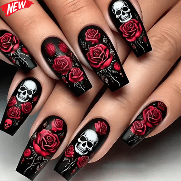 24PCS Long Coffin Gothic Halloween Press On Nails, Black Fake Nails with Red Rose & White Skull Print, Glossy Spooky Reusable False Nail Tips, DIY Manicure Kit for Women Alt Party Outfits