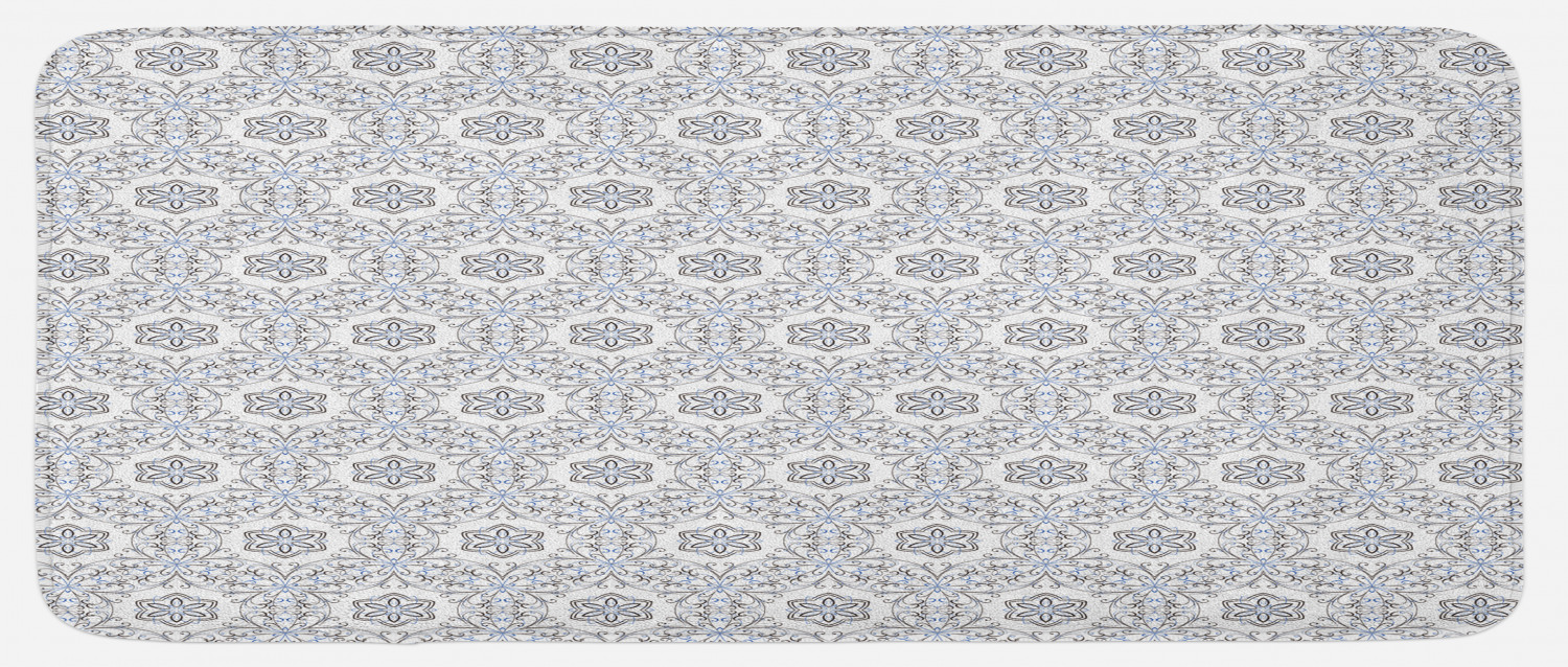 Floral Kitchen Mat, Scroll Style Pattern with Curled Leaf Motifs ...