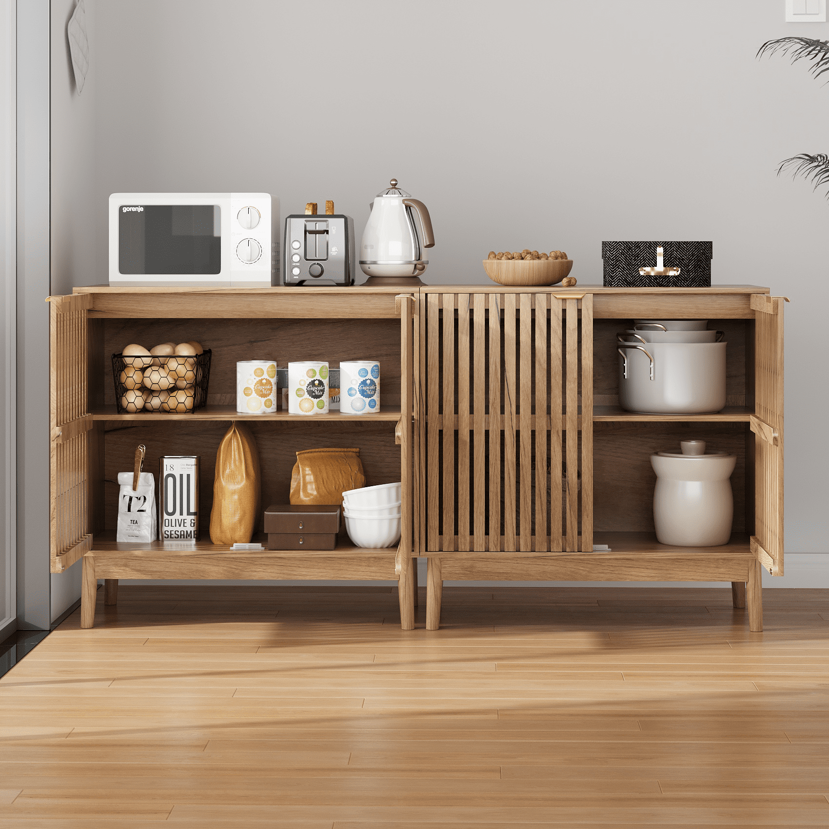 Algherohein Sideboard Cabinet with 4 Door & Adjustable Shelves, Kitchen Storage Organizer, Home Decor TV Stand for Living Room, Oak