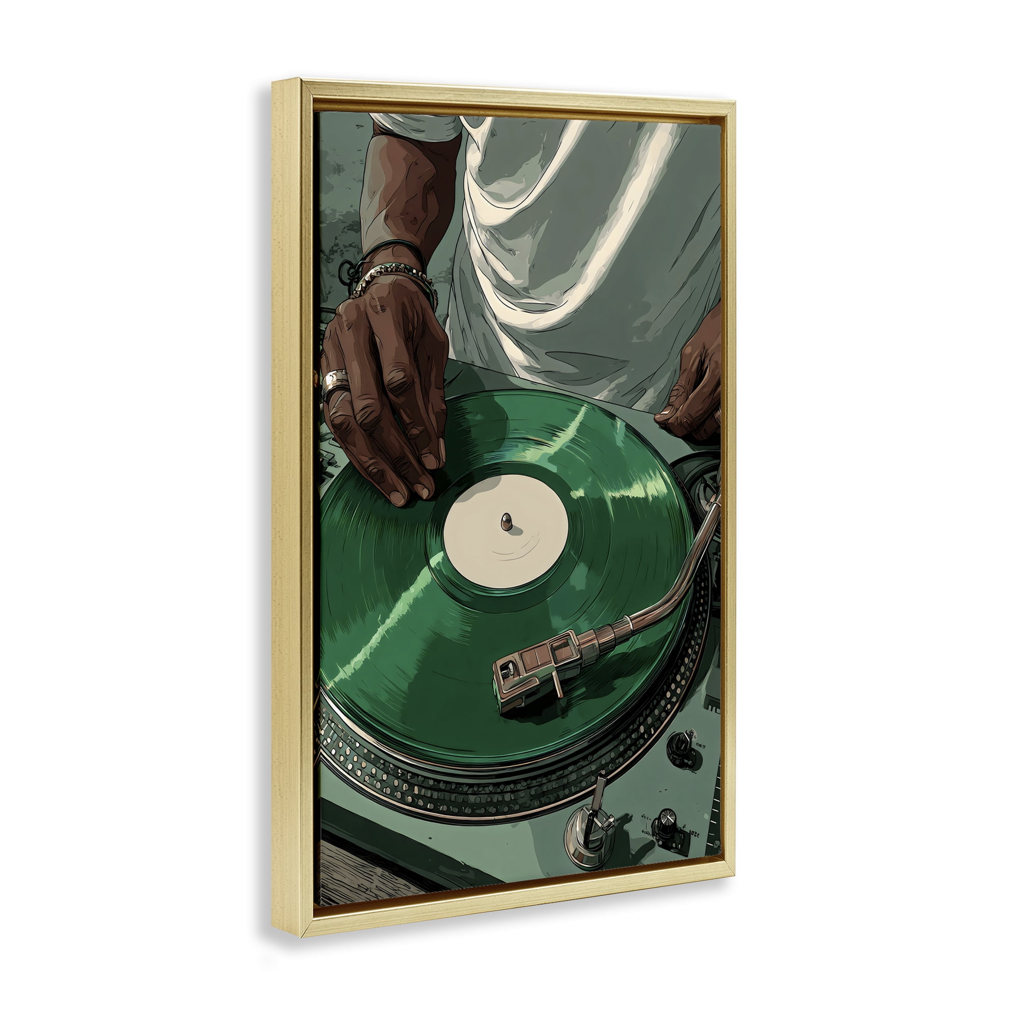 Stupell Industries DJ Spinning Green Record Gold Framed Floater Canvas Wall Art, design by Franklyn Gregory