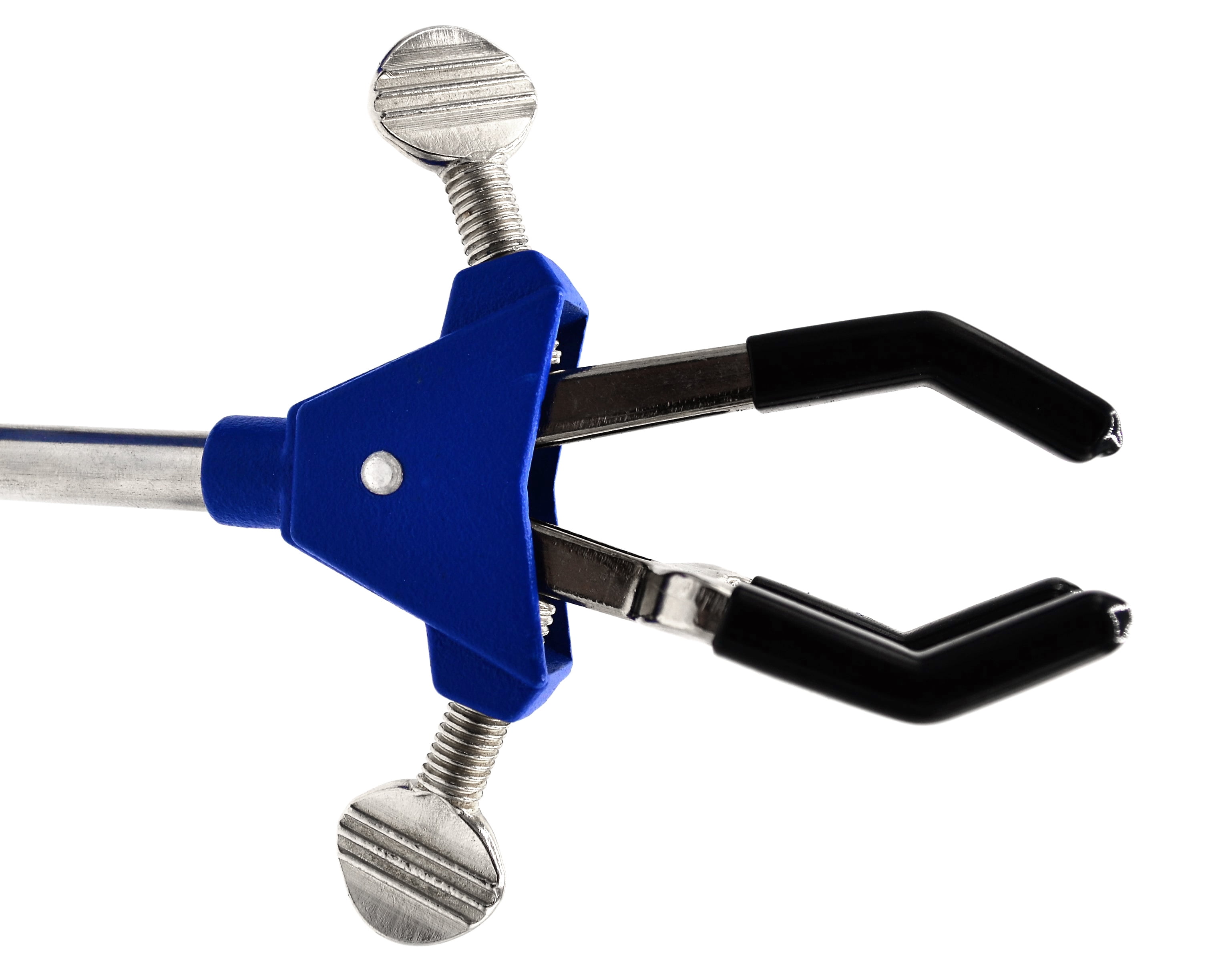 3 Finger, Vinyl Coated Dual Adjustable Extension Clamp on Stainless Steel Rod - 2.3" Max Clamp Opening, 5" Rod - Powder Coated Zinc Alloy - Research, Industrial Laboratory Grade -  Eisco Labs