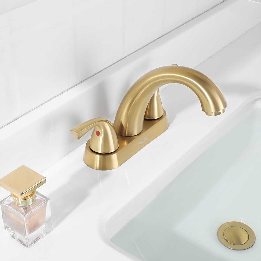 PARLOS Centerset Two-Handle Bathroom Sink Faucet with Metal Drain Assembly and Supply Hose,Brushed Gold