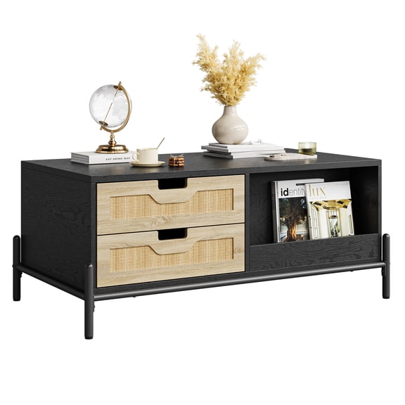 Mid Century Modern Rattan Coffee Table with LED Lights – 4 Drawers, Fluted Sliding Door Cabinet, Open Shelf – Walnut Wood Rectangle Center Table