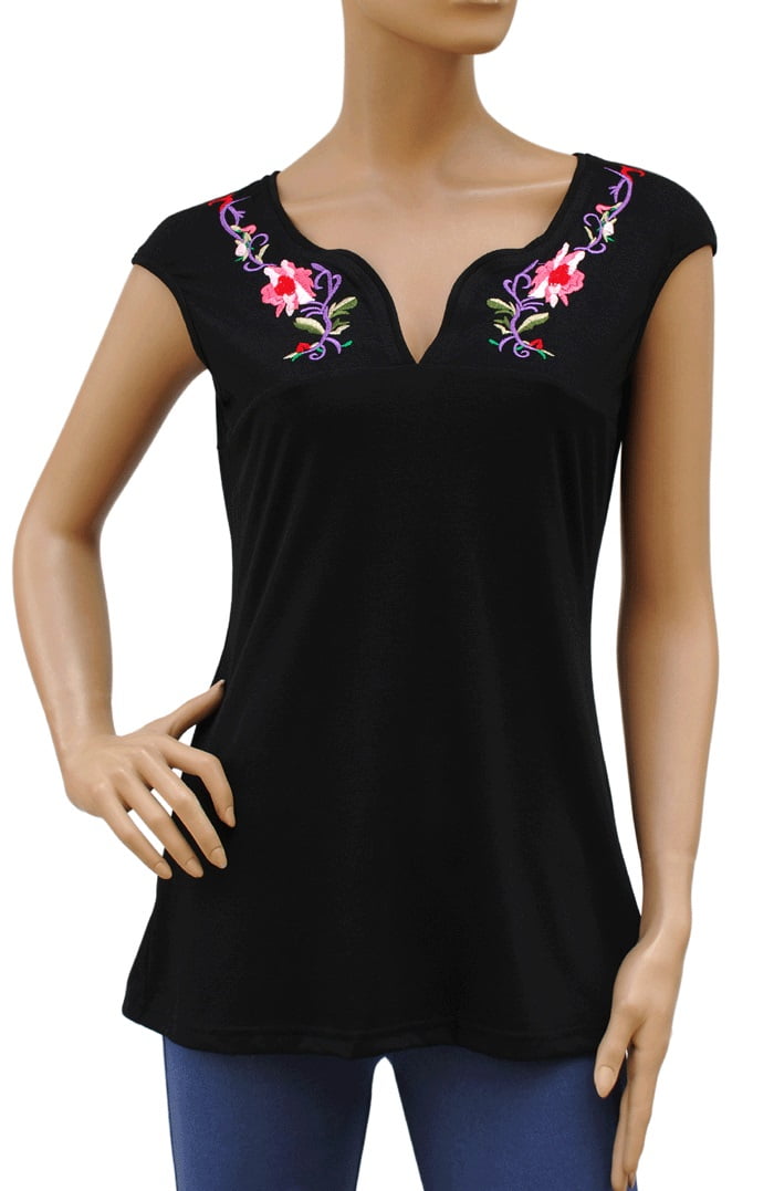 Faship Floral Embroidered Embroidery Stretch TShirt Top Tee Blouse M
