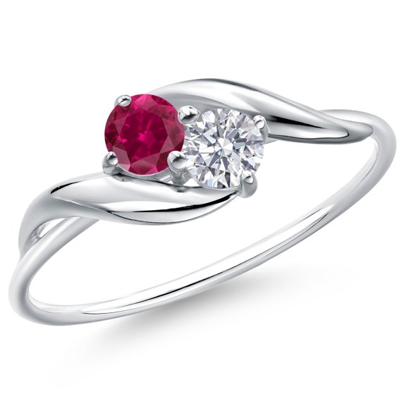 Gem Stone King 10K White Gold Round Red Created Ruby and White Lab Grown Diamond Ring for Women (0.42 Cttw, Round 3.5MM, Gemstone July Birthstone, Size 5)