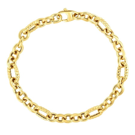 14kt Gold 7.5" Yellow Finish 6.6mm Shiny+Textured Oval Fancy Bracelet with Lobster Clasp