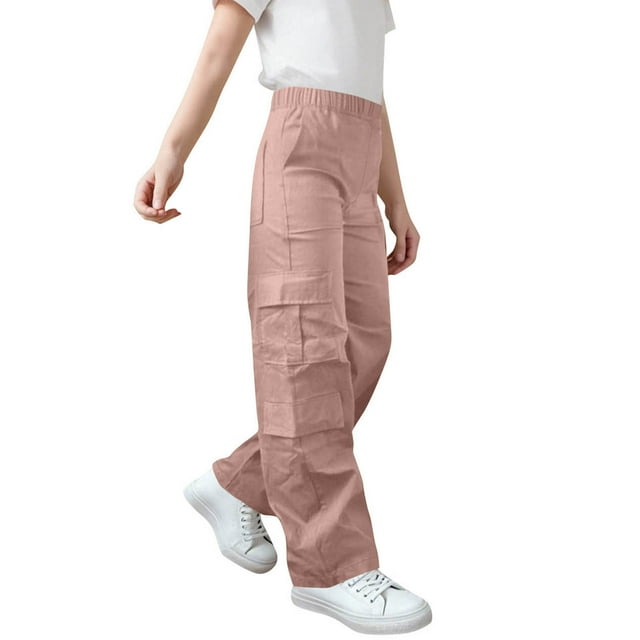 Children's Solid Color Stretch-Belt Work Pants with Pockets, Medium Size Casual Baggy Pants, Adult Version