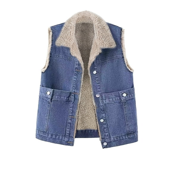 Women's Denim Button Front Vest, Fleece Lined Sleeveless Jacket, Warm Winter Outerwear, Casual Layering Piece, Soft Plush Inner Wear, Cold Weather Protection Blue L
