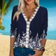 thumbnail image 5 of Blusa de manga 3/4 con escote en V, blusa informal ajustada con ribete de encaje, camisa para mujer, citas de verano, 5 of 7