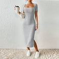 thumbnail image 2 of bbyeadc Women's Summer Bodycon Dresses Square Neck Short Sleeve Casual Sundresses Knit Side Slit Ribbed Midi Dresses (Light Gray, M), 2 of 7