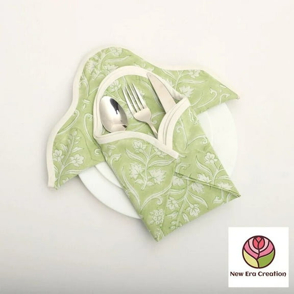 NEC Sage Green, Off White Indian Hand Block Floral Printed Cotton Cloth Napkins, Tea,Dinner,Wedding Home Event Home Party, Mother's Day Gift