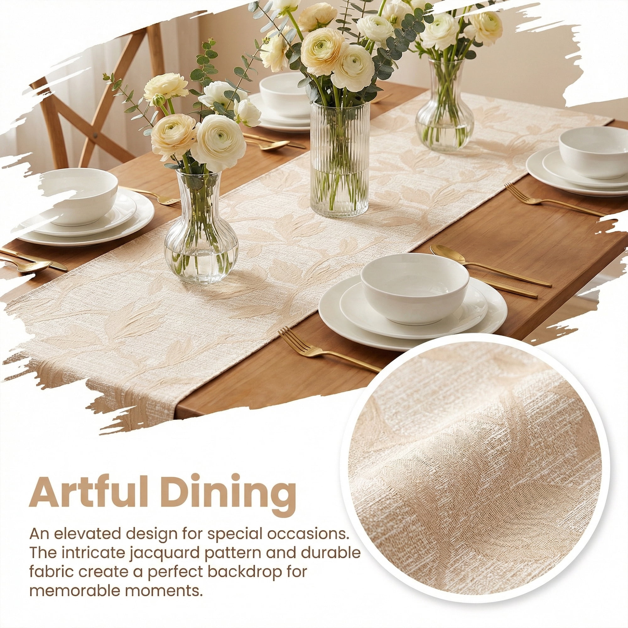 Unique Bargains Long Floral Polyester Table Runner for Kitchen Decor Beige 13.8"x82.7"