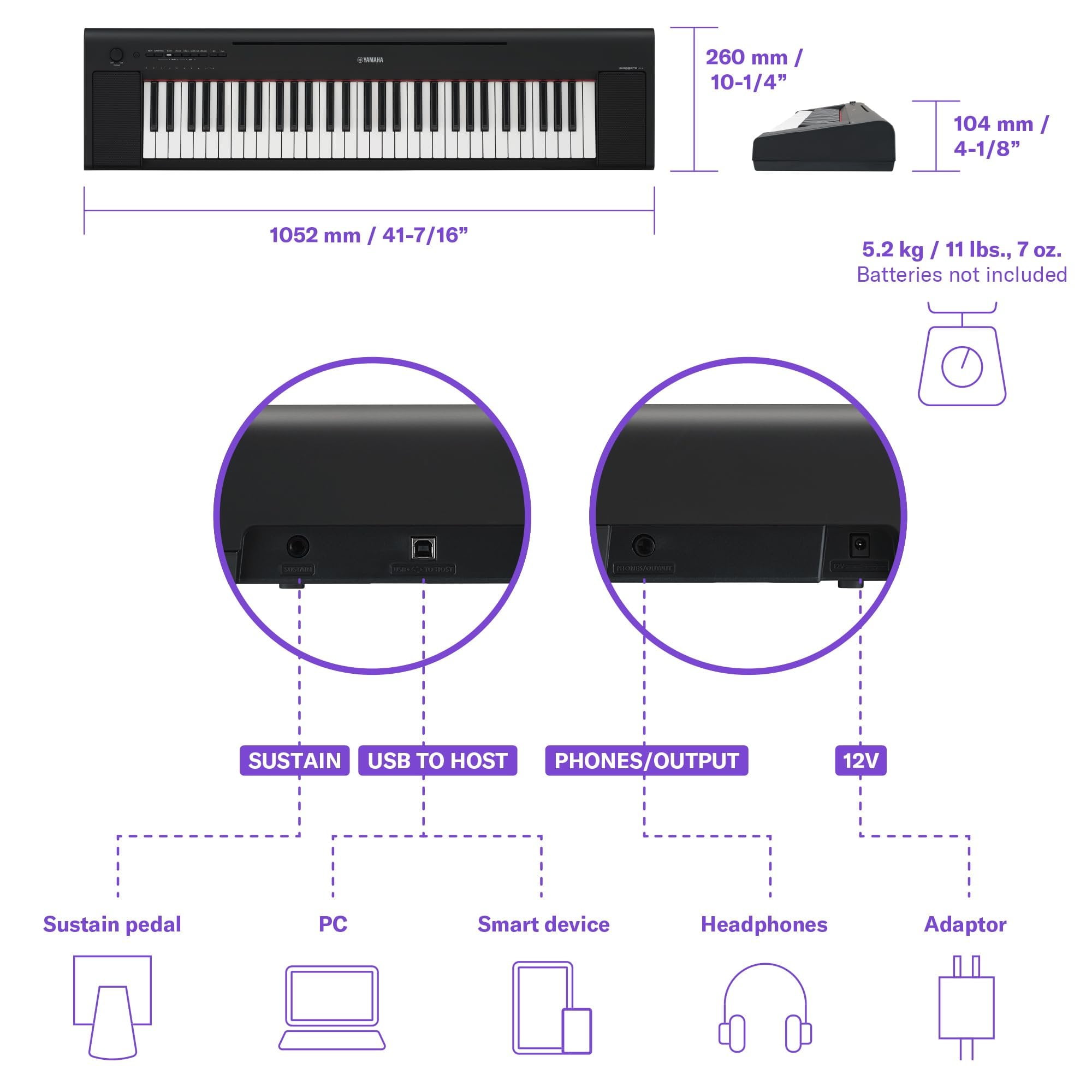 Yamaha 61-Key Piaggero Ultra-Portable Digital Piano, Black NP15WH