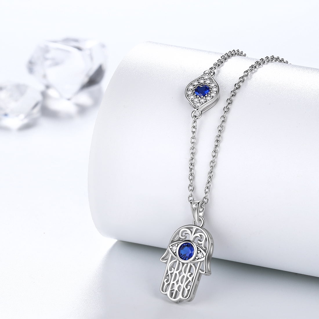 Hipunk Hamsa Necklace 925 Sterling Silver Hand of Fatima Blue Evil Eye Necklace Third Eye Lucky Amulet Jewelry Christmas Birthday Gifts for Women Men