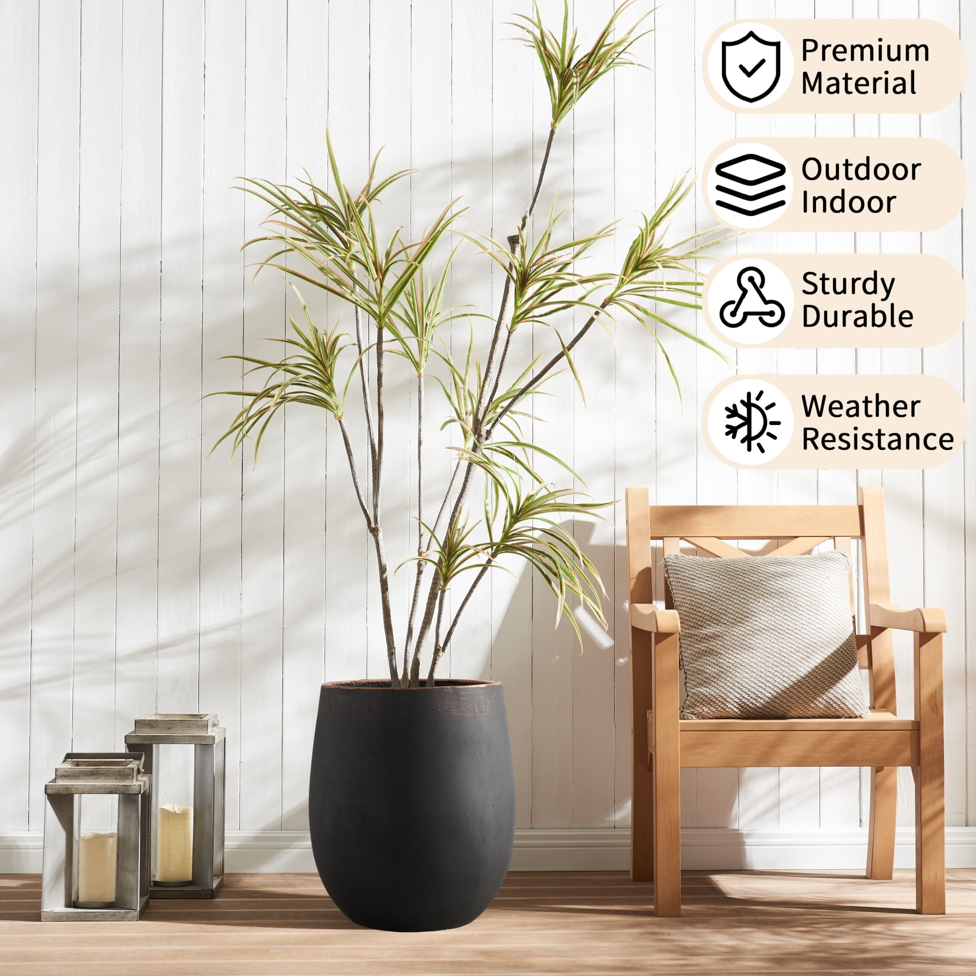 Wallowa 13.39" Dia x 15.35" H Concrete Planter, Outdoor Planter, Black with Gold Rim, Large Flower Pot