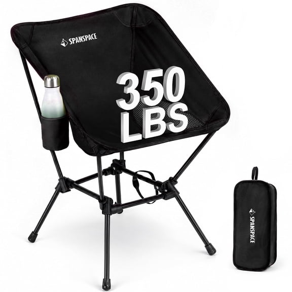 Spanspace Folding Camping Chair, Foldable Outdoor Lawn Chair with Cup Holder and Carry Bag, Heavy Duty 350LBS Capacity, Portable Lightweight Camping Chair for Camping, Backyard, Beach, Black