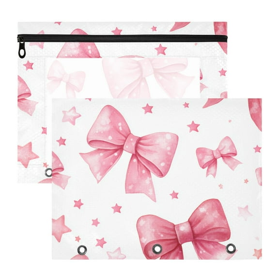 Pink Bows and Stars 3-Ring Binder Pouches A4 Size Zipper Pocket File Storage 2 Packs