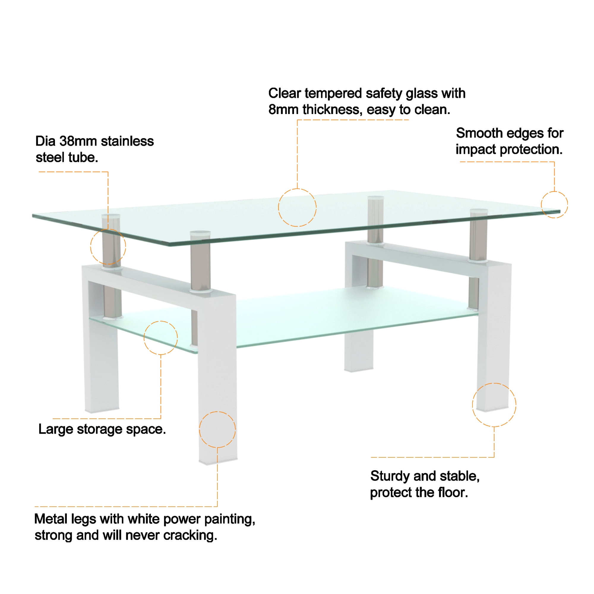 Aukfa Rectangle Tempered Glass Coffee Table Metal Tube Legs End Table for Living Room, Silver