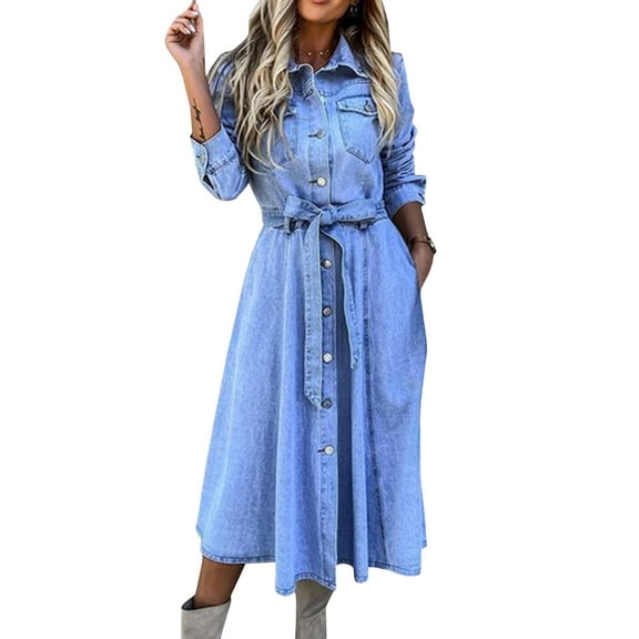 XXXITICAT Women's Button Down Denim Shirt Long Dress Belted Long Sleeve Collared Jeans Swing Dress(LB,S)