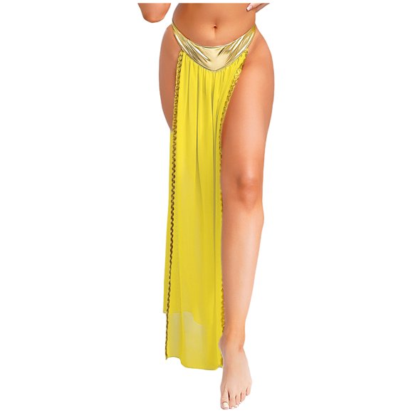 iiniim Womens Ancient Egyptian Queen Maxi Skirts Halloween Party Belly Dance Chiffon Skirts Costumes Yellow 4XL