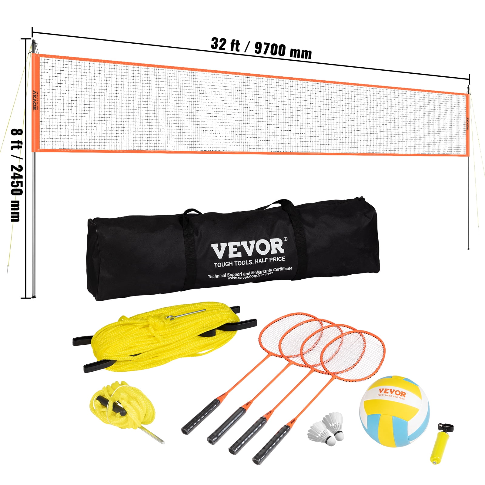VEVOR Volleyball and Badminton Set, Outdoor Portable Badminton Net, Adjustable Height Steel Poles, Professional Combo Set with PVC Volleyball, Pump, Carrying Bag, Plastic Badminton Easy Setup