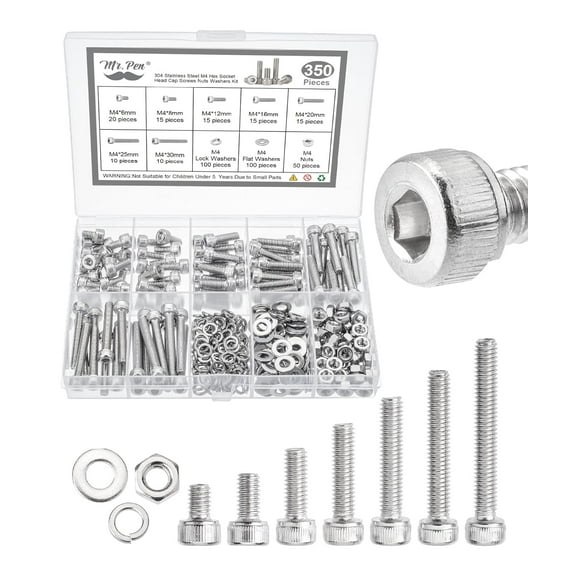 Mr. Pen- Nuts and Bolts Assortment Kit, 350 pcs, Stainless Steel, M4 Screws (7 Sizes 6-30mm), Hex Socket Head Cap Screws Assorted Nuts