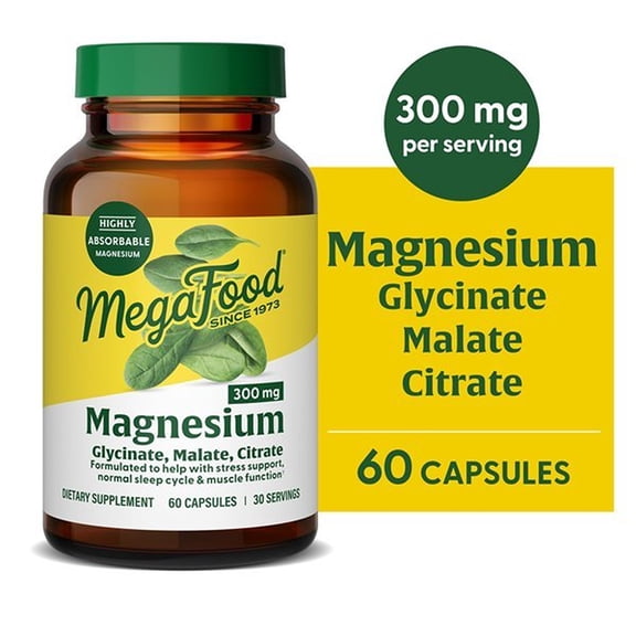 MegaFood Magnesium 300mg - Glycinate, Citrate, Malate - Heart, Nerve Health - 30 Servings