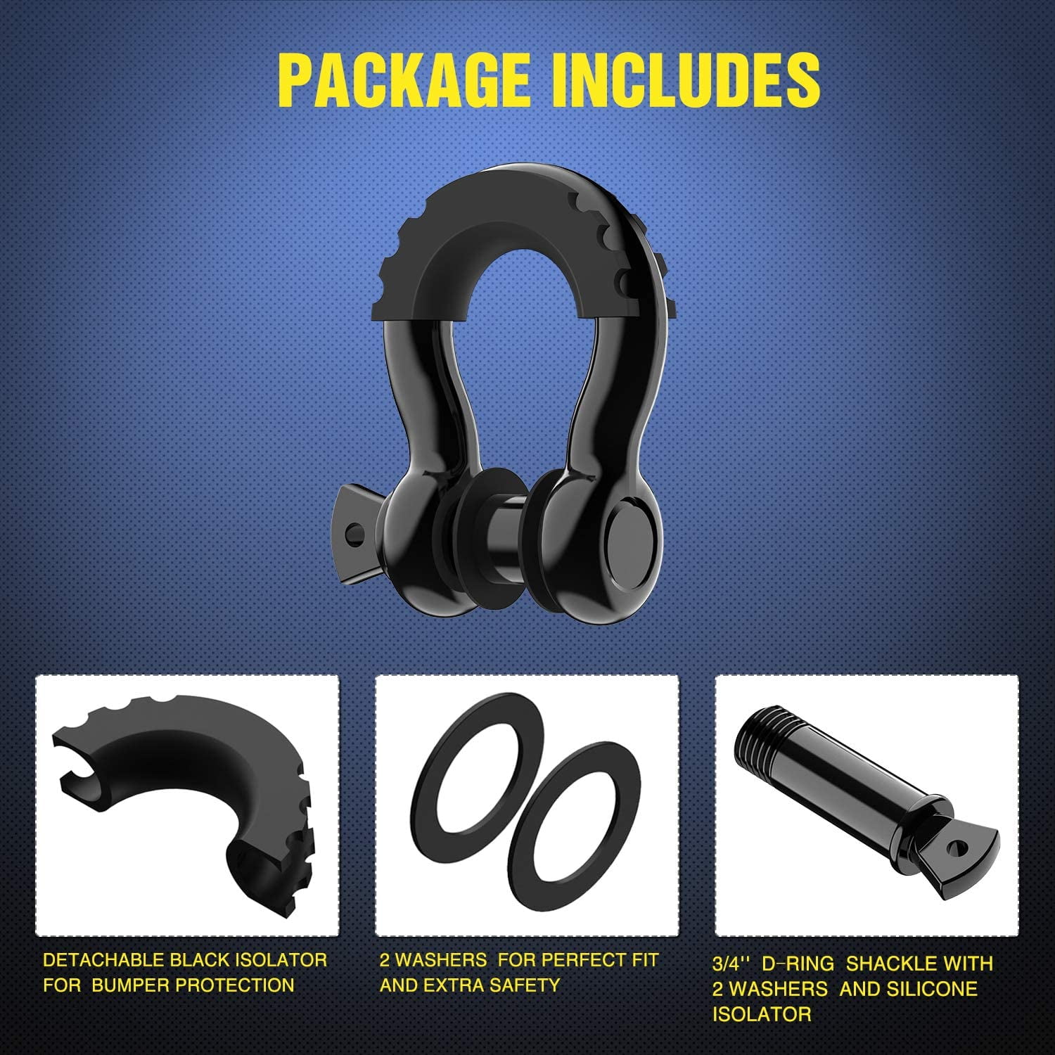 2 Pack 3/4" D-Ring Shackle 4.75 Ton (9500 Lbs) Capacity with 7/8" Pin Heavy Duty Off Road Recovery Shackle with Isolators & Washer Kit for Jeep Truck Vehicle