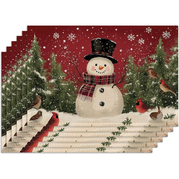 Christmas Snowman Table Placemats,Pine Tree Cardinal Bird Heat Resistant Placemats, Set of 6 Washable Non-Slip Table Mats for Dining Home Kitchen Party Indoor 12x18 Inch
