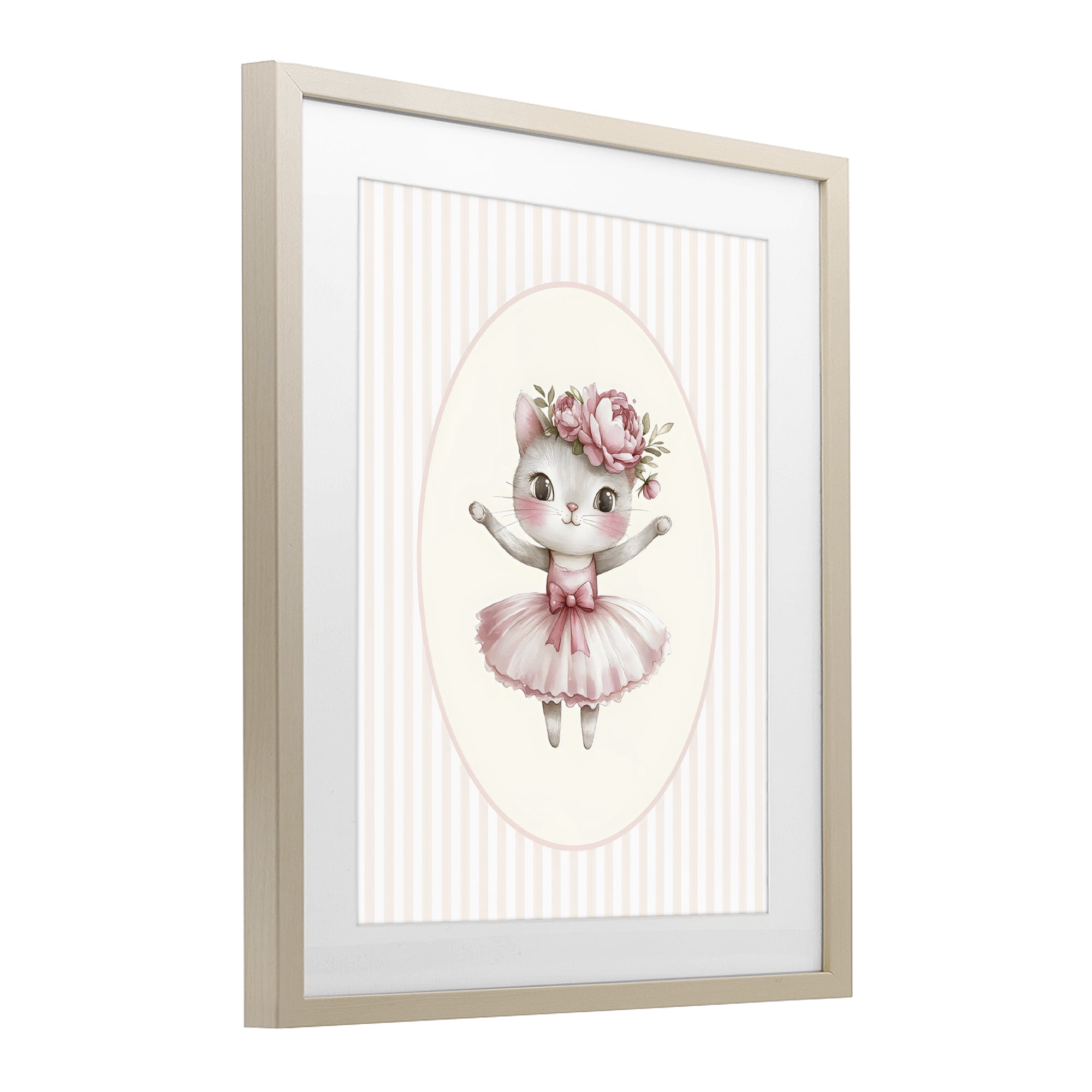 Stupell Industries Nursery Ballerina Cat Striped Birch Framed Print Under Glass, design by LSR Design Studio