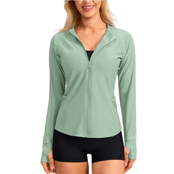 Craaazy Women Casual Full Zip Jacket, Solid Color Long Sleeve Sun Protection Top, Slim Fit with Thumb Holes and Pockets for Daily Wear Gifts