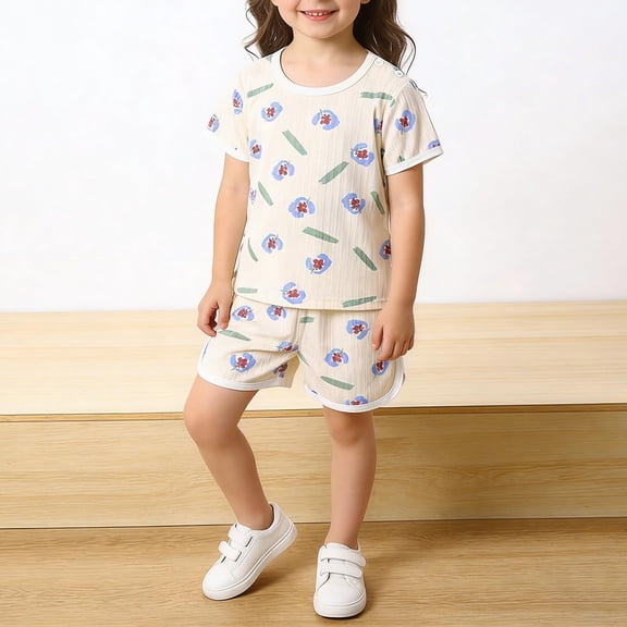VOONCAS Kids Girls Floral Outfit Set 2-Piece Short Sleeve Top & Shorts Yellow Ribbed Play Clothes,Size 5-6 T
